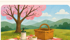 A picnic blanket and basket in a green park