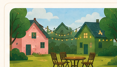 A small outdoor gathering between colorful houses